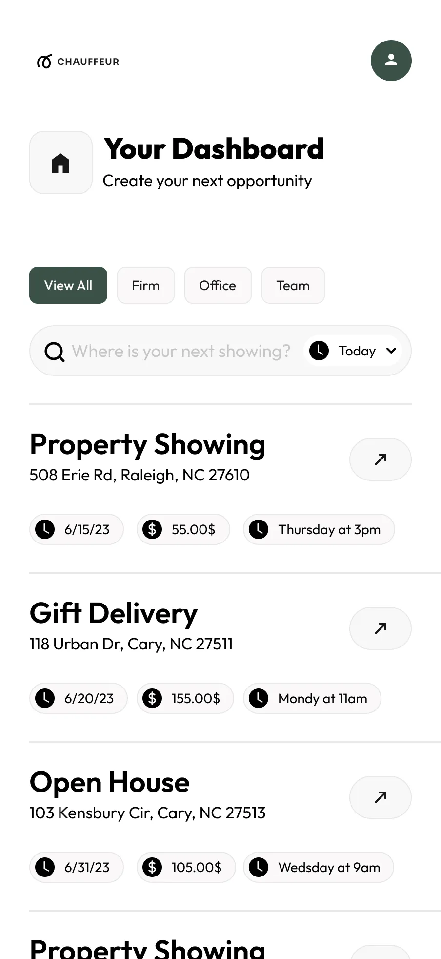 Chauffeur job dashboard